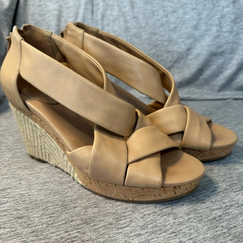 COLE HAAN AND NIKE Espadrille Wedges, Tan Leather, Heel Zip, Size‎ 9.5, EUC